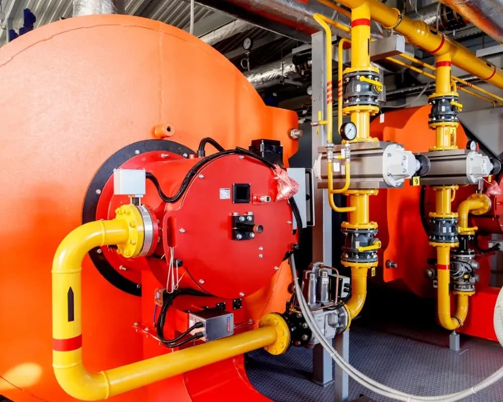 Fotografía de un caldero industrial color naranja, zona de válvula roja con una tubería amarilla, de fondo hay otro caldero.