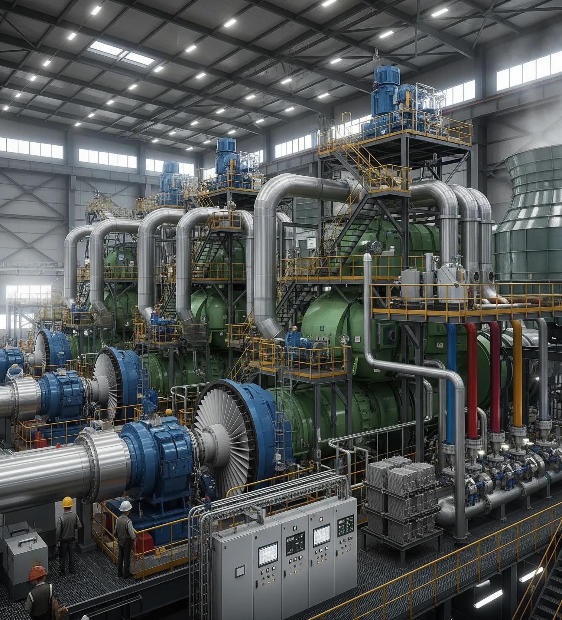 Fotografía dentro de una industria llena de maquinaria y tuberías del sistema de cogeneración en México